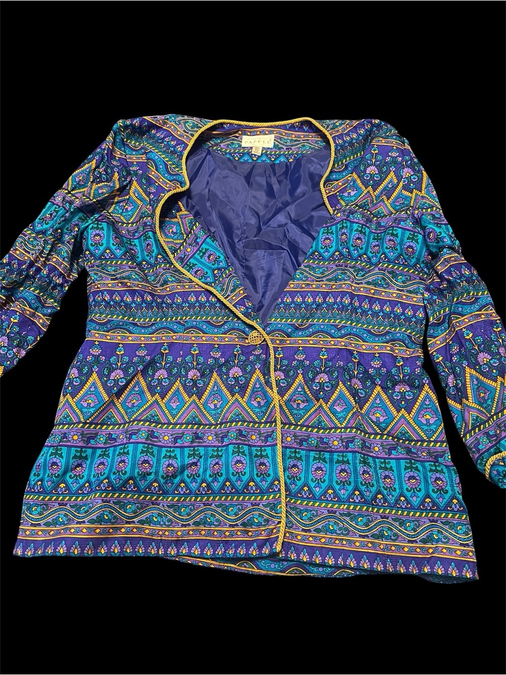 Adrianna Papell Purple & Blue Printed Silk Jacket with Gold Trim